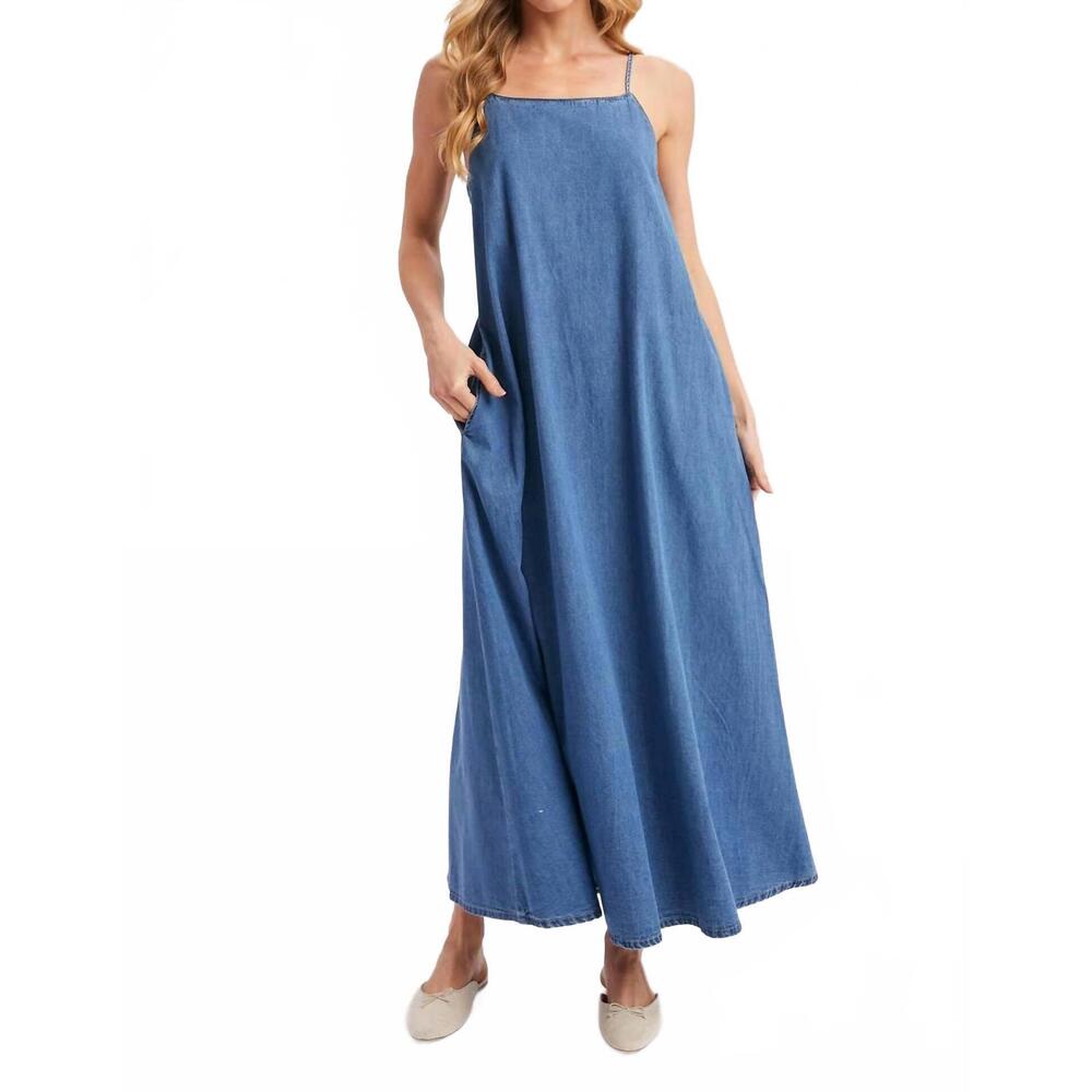 NEW BLUIVY denim chambray open back maxi dress in medium wash